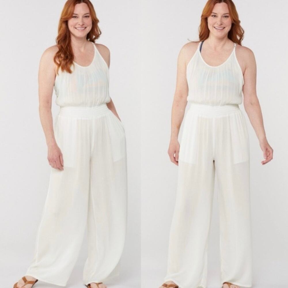 NWT prAna Fernie Wide Leg Jumpsuit M White Beach Crinkle Modal Resort Boho